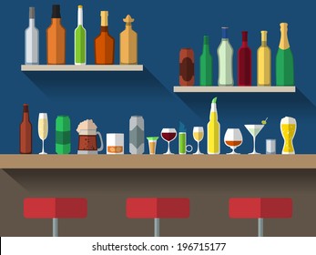 Bar counter with stools and alcohol drink on shelves flat vector illustration