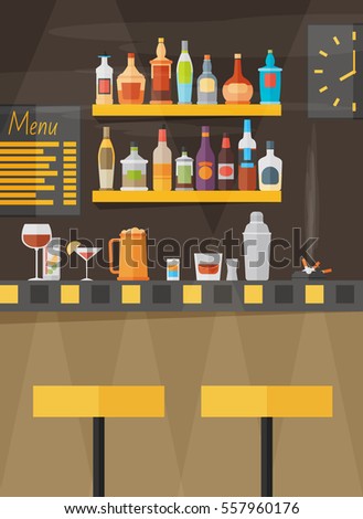 Bar counter with stools and alcohol drink on shelves flat vector illustration
