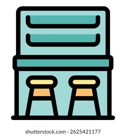 Balcão de bar com banquinhos convidando os clientes a desfrutar de bebidas e lanches exibidos nas prateleiras