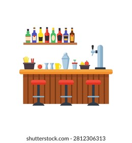 Bar counter with stools and shelves of alcohol bottles interior nightlife beverage bartender equipment furniture