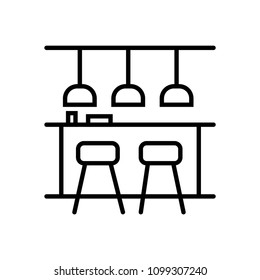 Bar counter with stools thin line icon. Street food retail. Mobile coffee house, bar, shop. Vector linear style icon.
