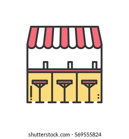 Bar counter with stools thin line icon. Street food retail. Mobile coffee house, bar, shop. Cafe, alcohol drink. Vector linear style icon. Isolated illustration. Symbols. Object. Sale