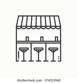 Bar counter with stools thin line icon. Street food retail. Mobile coffee house, bar, shop. Vector linear style icon. 