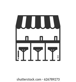 Bar counter with stools thin line icon. Street food retail. Mobile coffee house, bar, shop. Cafe, alcohol drink. Vector linear style icon. Isolated flat illustration. Symbols. Object silhouette. Sale.
