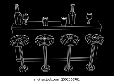 Barra de bar con taburetes, barra superior con botellas y vasos. Ilustración vectorial de malla de polietileno baja.