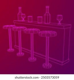 Bar counter with stools, bar top with bottles and glasses. Wireframe low poly mesh vector illustration.