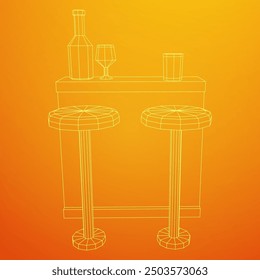 Bar counter with stools, bar top with bottles and glasses. Wireframe low poly mesh vector illustration.