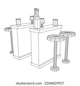 Bar counter with stools, bar top with bottles and glasses. Wireframe low poly mesh vector illustration.