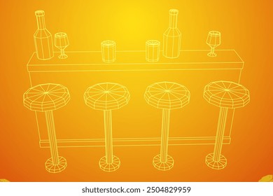 Bar counter with stools, bar top with bottles and glasses. Wireframe low poly mesh vector illustration.