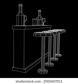 Barra de bar con taburetes, barra superior con botellas y vasos. Ilustración vectorial de malla de polietileno baja.