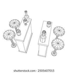 Bar counter with stools, bar top with bottles and glasses. Wireframe low poly mesh vector illustration.