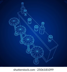 Bar counter with stools, bar top with bottles and glasses. Wireframe low poly mesh vector illustration.