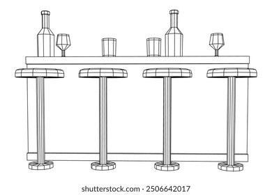 Bar counter with stools, bar top with bottles and glasses. Wireframe low poly mesh vector illustration.