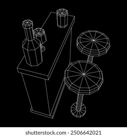 Bar-Theke mit Hockern, Bar-Top mit Flaschen und Gläsern. Drahtgitter, Low-Poly-Netz, Vektorgrafik.