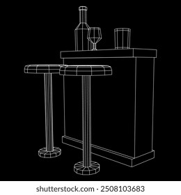 Bar counter with stools, bar top with bottles and glasses. Wireframe low poly mesh vector illustration.