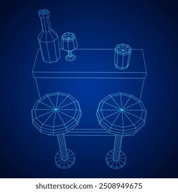 Bar counter with stools, bar top with bottles and glasses. Wireframe low poly mesh vector illustration.