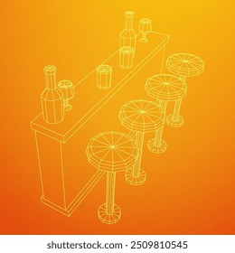 Bar counter with stools, bar top with bottles and glasses. Wireframe low poly mesh vector illustration.