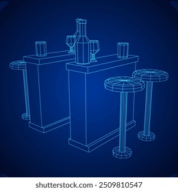 Barra de bar con taburetes, barra superior con botellas y vasos. Ilustración vectorial de malla de polietileno baja.