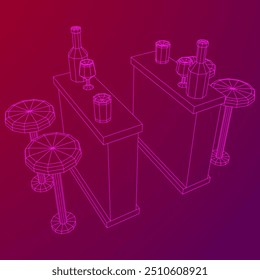 Barra de bar con taburetes, barra superior con botellas y vasos. Ilustración vectorial de malla de polietileno baja.