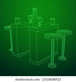 Contador de barras com fezes, barra superior com garrafas e copos. Ilustração do vetor de malha de baixo poli do modelo de arames.
