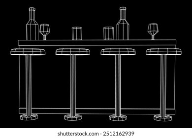 Bar counter with stools, bar top with bottles and glasses. Wireframe low poly mesh vector illustration.