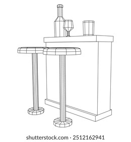 Bar counter with stools, bar top with bottles and glasses. Wireframe low poly mesh vector illustration.