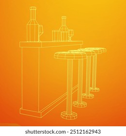 Barra de bar con taburetes, barra superior con botellas y vasos. Ilustración vectorial de malla de polietileno baja.