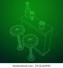 Contador de barras com fezes, barra superior com garrafas e copos. Ilustração do vetor de malha de baixo poli do modelo de arames.