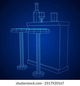 Bar counter with stools, bar top with bottles and glasses. Wireframe low poly mesh vector illustration.