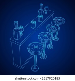 Bar counter with stools, bar top with bottles and glasses. Wireframe low poly mesh vector illustration.