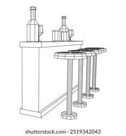 Contador de barras com fezes, barra superior com garrafas e copos. Ilustração do vetor de malha de baixo poli do modelo de arames.