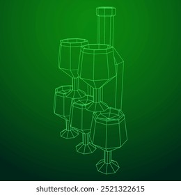 Bar counter with stools, bar top with bottles and glasses. Wireframe low poly mesh vector illustration.