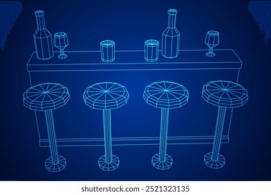Barra de bar con taburetes, barra superior con botellas y vasos. Ilustración vectorial de malla de polietileno baja.