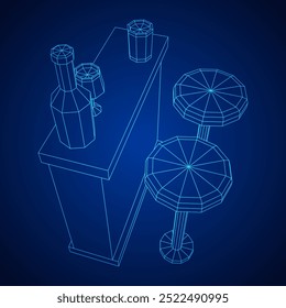 Bar counter with stools, bar top with bottles and glasses. Wireframe low poly mesh vector illustration.