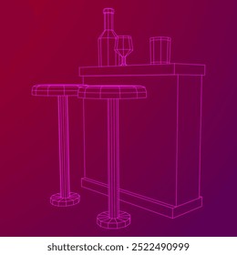 Bar counter with stools, bar top with bottles and glasses. Wireframe low poly mesh vector illustration.