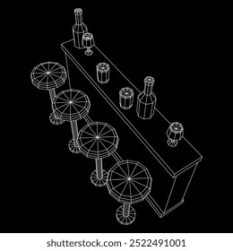 Contador de barras com fezes, barra superior com garrafas e copos. Ilustração do vetor de malha de baixo poli do modelo de arames.