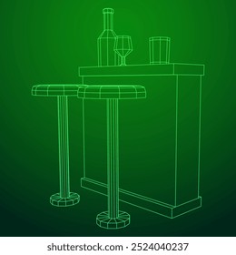 Bar counter with stools, bar top with bottles and glasses. Wireframe low poly mesh vector illustration.