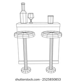 Bar counter with stools, bar top with bottles and glasses. Wireframe low poly mesh vector illustration.