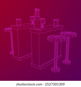 Bar counter with stools, bar top with bottles and glasses. Wireframe low poly mesh vector illustration.