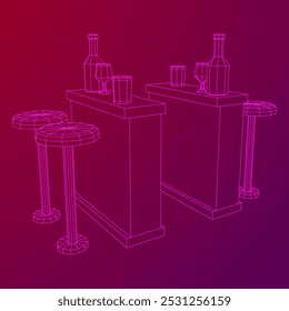 Bar counter with stools, bar top with bottles and glasses. Wireframe low poly mesh vector illustration.