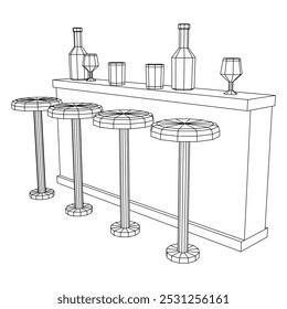Barra de bar con taburetes, barra superior con botellas y vasos. Ilustración vectorial de malla de polietileno baja.