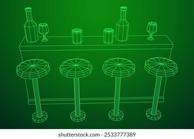 Contador de barras com fezes, barra superior com garrafas e copos. Ilustração do vetor de malha de baixo poli do modelo de arames.