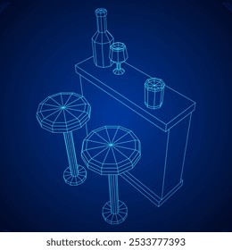 Bar counter with stools, bar top with bottles and glasses. Wireframe low poly mesh vector illustration.