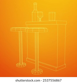 Bar counter with stools, bar top with bottles and glasses. Wireframe low poly mesh vector illustration.