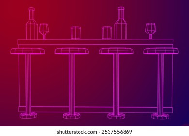 Bar counter with stools, bar top with bottles and glasses. Wireframe low poly mesh vector illustration.