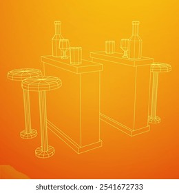 Contador de barras com fezes, barra superior com garrafas e copos. Ilustração do vetor de malha de baixo poli do modelo de arames.