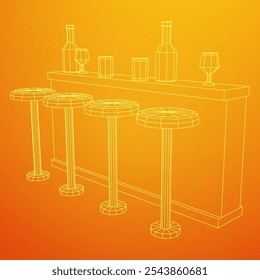 Bar counter with stools, bar top with bottles and glasses. Wireframe low poly mesh vector illustration.