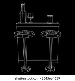 Barra de bar con taburetes, barra superior con botellas y vasos. Ilustración vectorial de malla de polietileno baja.