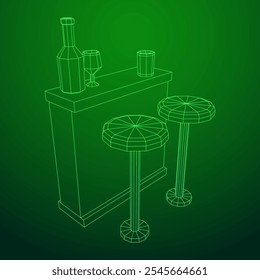 Bar counter with stools, bar top with bottles and glasses. Wireframe low poly mesh vector illustration.