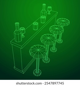 Bar counter with stools, bar top with bottles and glasses. Wireframe low poly mesh vector illustration.